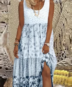 ebCoPlus Size Casual Women Summer Midi Dress 5XL 2023 Large Size Floral Print Sleeveless Crewneck A
