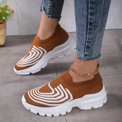 efuqRimocy Striped Knitted Sneakers Women Breathable Mesh Sports Shoes Woman Plus Size Slip On Autumn Platform