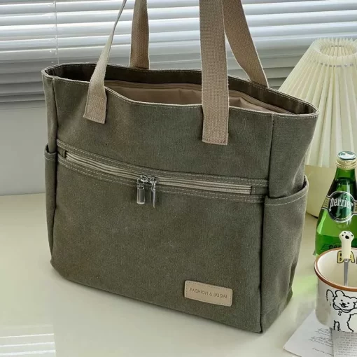 fMc6Hylhexyr Fashion Retro Versatile Canvas Tote Bag Leisure Student Shoulder Bags Portable Handbag With Zipper For