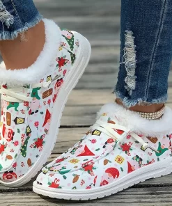 fOkgLadies Flat Casual Shoes Women New Winter Ankle Snow Boots Woman Christmas Print Cotton Shoes Short