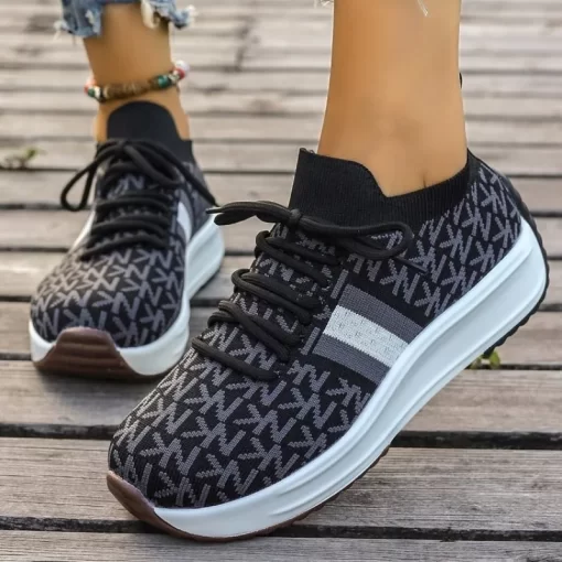 hozj2023 Women Wedges Sneakers Lace Up Breathable Sports Shoes Casual Platform Female Footwear Ladies Vulcanized Shoes