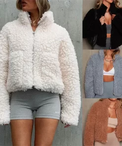 jFuJWinter Lamb Wool Short Coat For Women Thicken Warm Long Sleeve Turtleneck Jackets 2023 Autumn Fashion