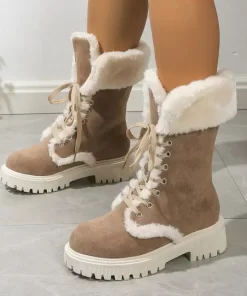 jL9AThicken Plush Snow Boots for Women Winter Faux Fur Platform Ankle Boots Woman Mid calf Lace