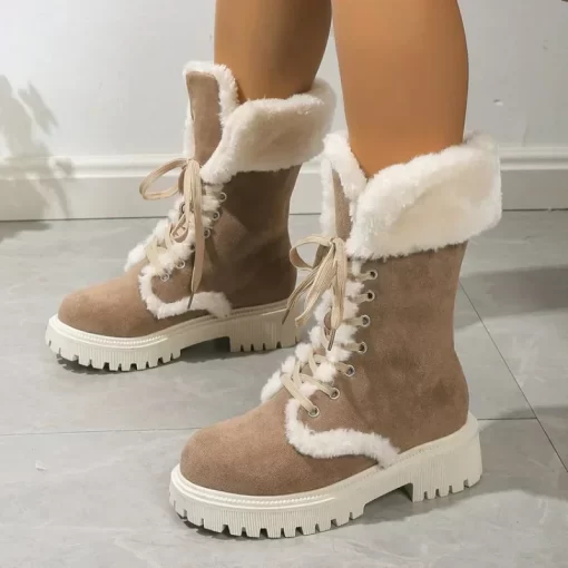 jL9AThicken Plush Snow Boots for Women Winter Faux Fur Platform Ankle Boots Woman Mid calf Lace