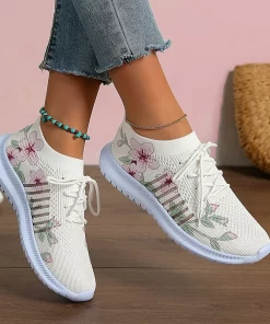 jeLtRimocy Fashion Printed Knitted Sneakers Women 2023 New Lightweight Breathable Flats Woman Lace Up Non Slip
