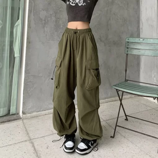 lYKzY2K Parachute Black Pants Women Hippie Streetwear Oversize Pockets Cargo Trousers Harajuku Wide Leg Baggy Sweatpants
