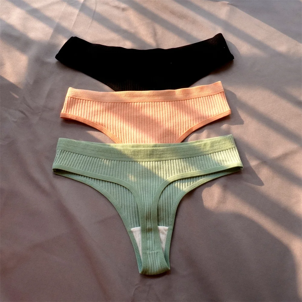 lfDX3 Pcs Seamless Ladies Ribbed Cotton Thong Simple Women s Low Waist Bikini Briefs Sports Girls