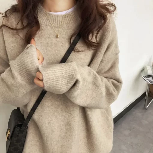mQamVintage Women Solid Sweaters Autumn Winter O Neck Long Sleeve Pullovers Tops Korean Fashion Soft Thick