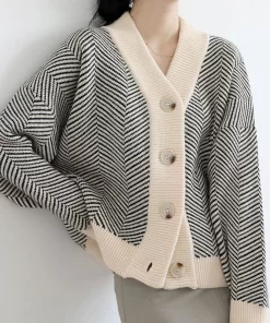 nU9yHELIAR Women Stripe Patchwork Sweater Thickened Warm Single breasted Cardigan Sweater Knit Loose Casual Sweater Coat