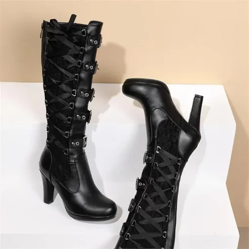 oJNMWomen Black Lace High Boots Square Toe Thick Sole Lace Up Multi belt Buckle Fashion Street