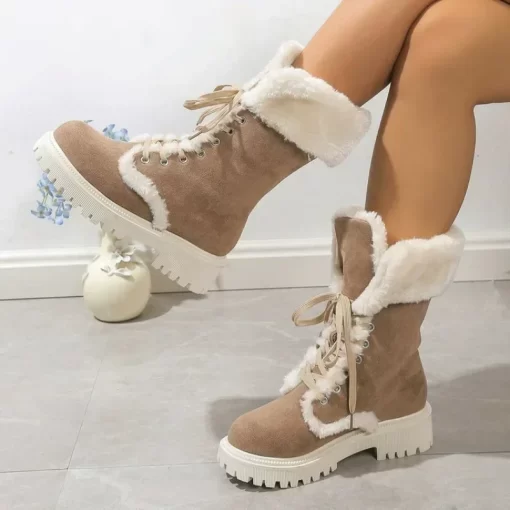 pC5fThicken Plush Snow Boots for Women Winter Faux Fur Platform Ankle Boots Woman Mid calf Lace