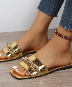 pRyHWomen Chain Flats Slippers Summer Sandals Casual Shoes 2023 Fashion New Slingback Walking Flip Flops Beach