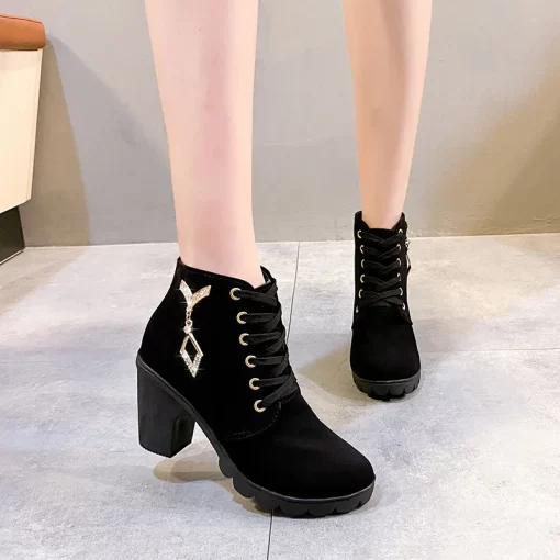 pdqbComemore 2023 New Women Shoes Lace Up Ankle Boots Zapatos Mujer Fashion High Heels Ladies Casual