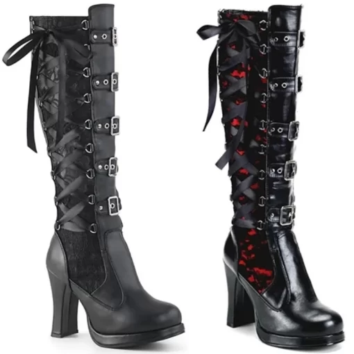 q6PSWomen Black Lace High Boots Square Toe Thick Sole Lace Up Multi belt Buckle Fashion Street