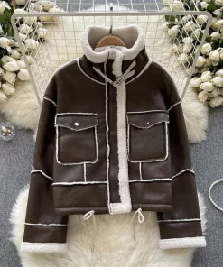 u0xyAutumn Winter New Women Short Faux Fur Leather Coat Stand Collar Big Pocket Warm Lamb Wool