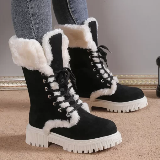uH62Thicken Plush Snow Boots for Women Winter Faux Fur Platform Ankle Boots Woman Mid calf Lace