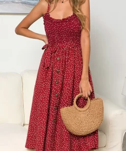 y0ylSexy Summer Sleeveless Slip Dress Women Strapless Bow Button Loose Bandage Pleated Polka Dot Sundress Casual