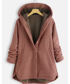 y9CHAutumn and Winter Plaid Coat Women s Button Solid Hooded Coat