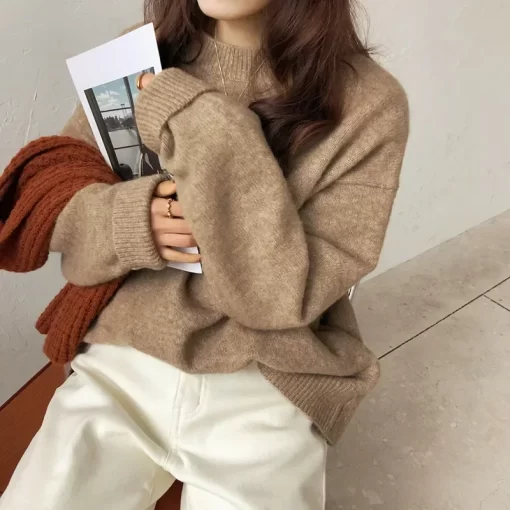 yBIcVintage Women Solid Sweaters Autumn Winter O Neck Long Sleeve Pullovers Tops Korean Fashion Soft Thick