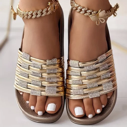 0zvxSlippers Women s Rhinestone Flat Sandals Crystal Slippers Women Summer Flat Bottom Slide Slipper Shoes Bling