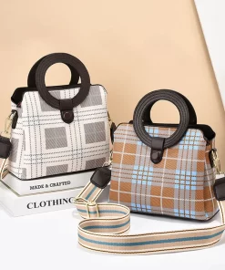 2023 Creative Round Handle Women s Bag Fashion Plaid PU Single Shoulder Crossbody Bag Casual Advanced.jpg