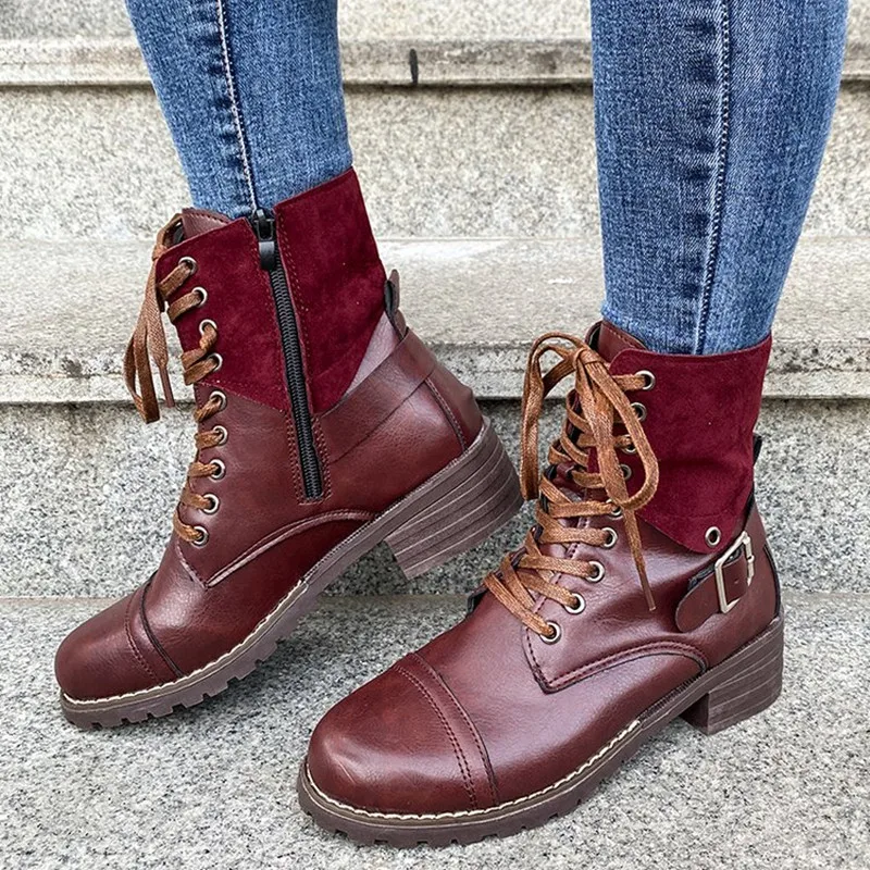 2Y5i2023 Spring Autumn Retro Ankle Boots Women s New Solid Color Lace up Casual Women s