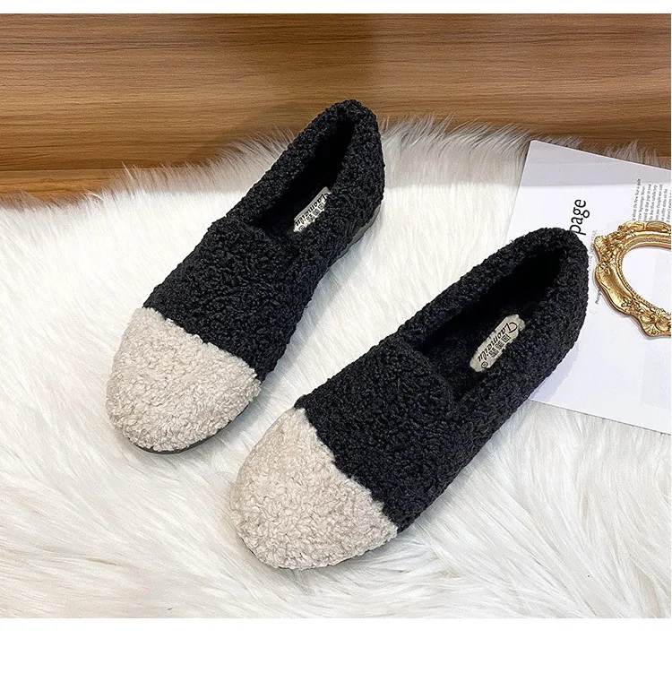 2mwqMixed Colors Curly Wool Fur Moccasins Femme Fur Flats Ins Plush Winter Shoes Women Thicken Soled
