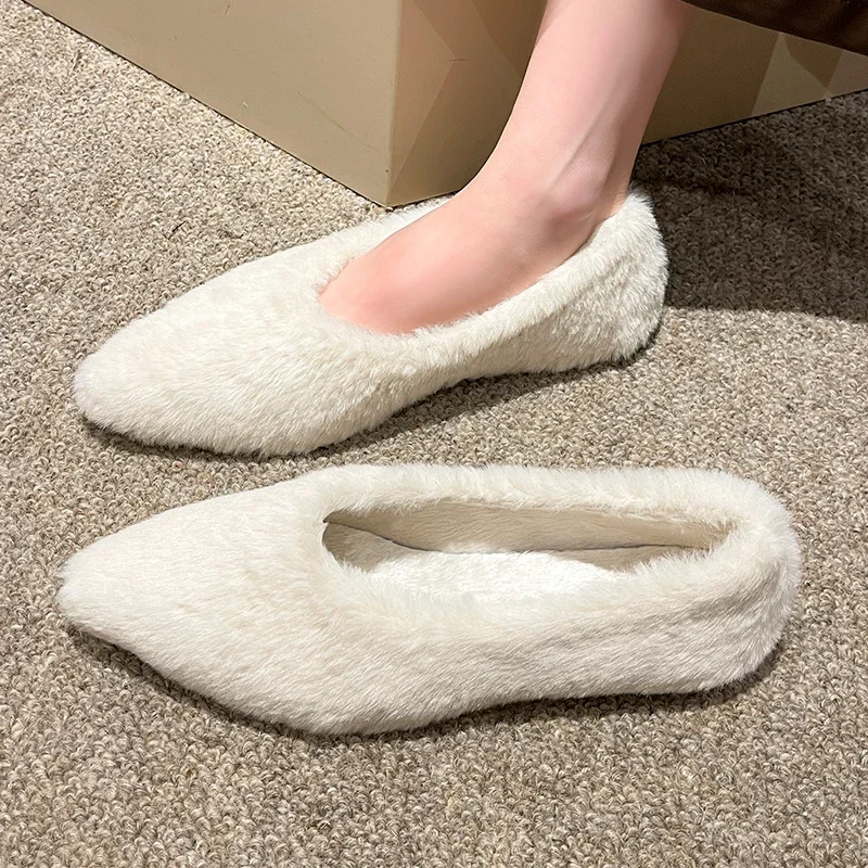 3mQ3Flats Women Fur Shoes Walking Casual Winter Boots 2023 New Trend Shallow Pointed Toe Short Plush