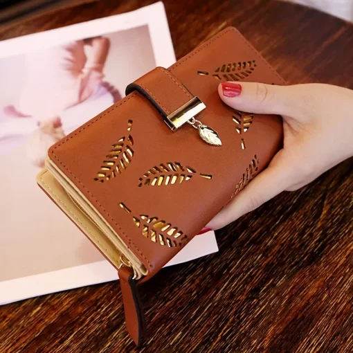 4QZGWomen Wallet PU Leather Purse Female Long Wallet Gold Hollow Leaves Pouch Handbag For Women Coin