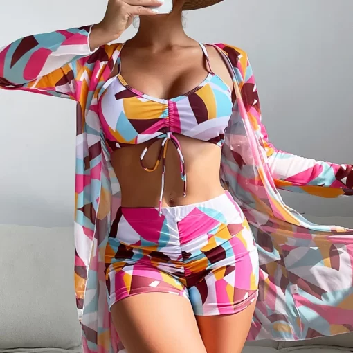 5UsXSummer Print Swimsuits Tankini Sets Female Swimwear Push Up For Beach Wear Three Piece Bathing Suits