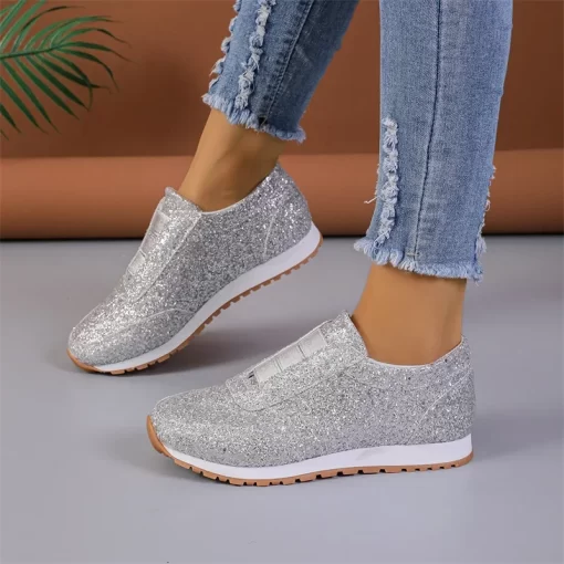 5nJp2023 Autumn New Fashion Slip on Low heeled Women s Sneakers Gold Silver Trend Sport Shoes