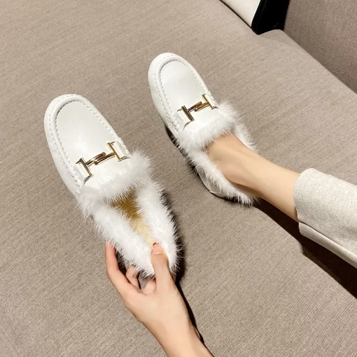 60IP2023 White Mink Fur Shoes Woman Genuine Leather Mocasines Brand Metal Buckle Flats Loafers Femme Winter