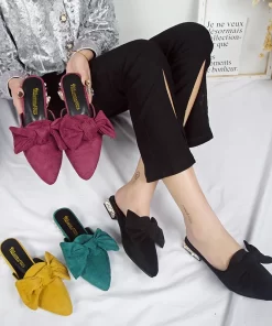 68g92019 Brand Designer Velvet Bowknot Slippers Woman Bow Slides Shoes Pearl Low Heels Shoes Slip On