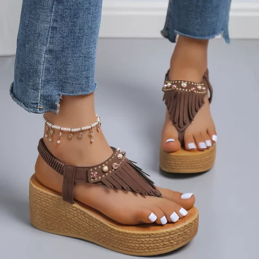 6hGY2022 Tassels Clip Toe Summer Women Sandals 2022 Flower Printed Wedges Sandals Woman Plus Size Non