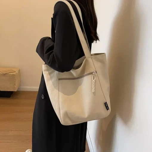 6iSbWinter Solid Vintage Canvas Shoulder Bag Fashion Leisure Art Student Handbag Large Capacity Commuter Women Tote