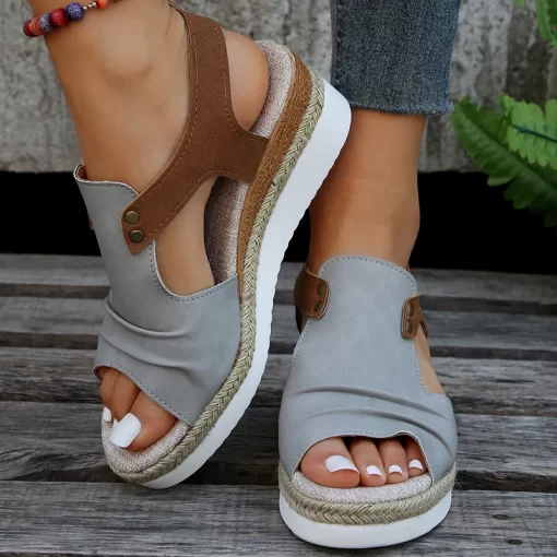 7HiWPleated PU Leather Wedge Sandals for Women Back Strap Espadrilles Platform Sandles Woman 2023 Summer Thick