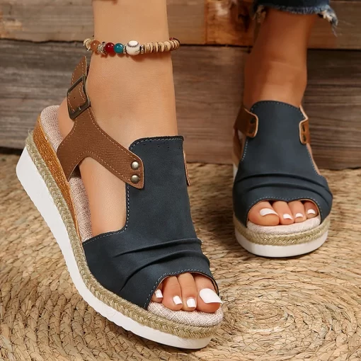 7PSSPleated PU Leather Wedge Sandals for Women Back Strap Espadrilles Platform Sandles Woman 2023 Summer Thick