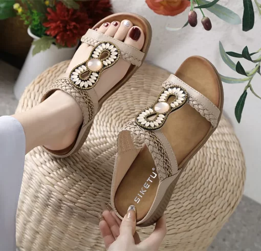8RWNSIKETU Brand Women Fashion Retro Bohe Flat Heel Slides Solid Color Rhinestone Beads Shoes Knit Strap