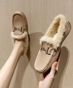 8h7e2023 White Mink Fur Shoes Woman Genuine Leather Mocasines Brand Metal Buckle Flats Loafers Femme Winter