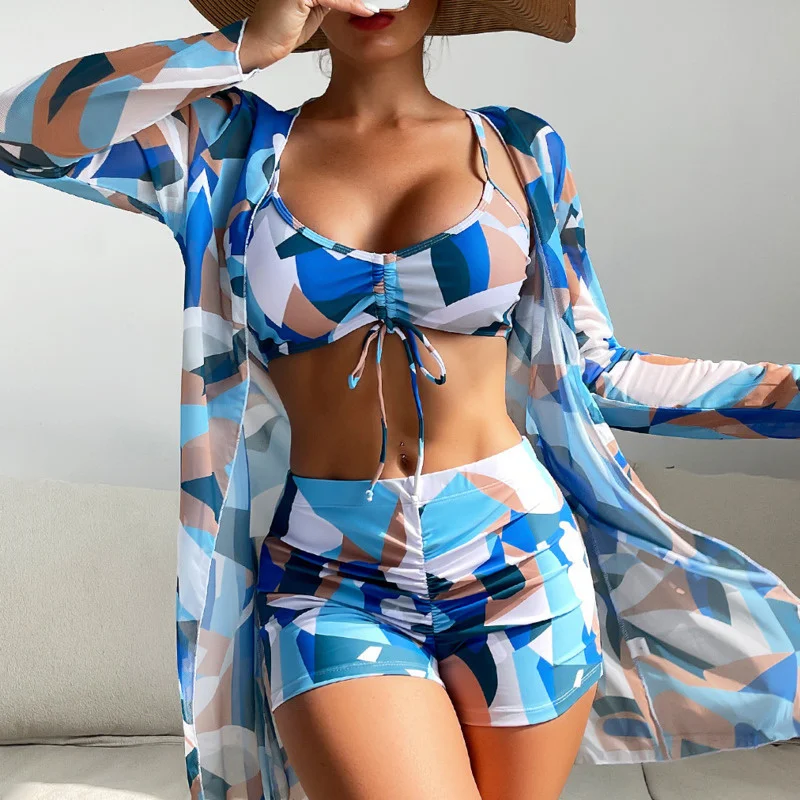 AXKHSummer Print Swimsuits Tankini Sets Female Swimwear Push Up For Beach Wear Three Piece Bathing Suits