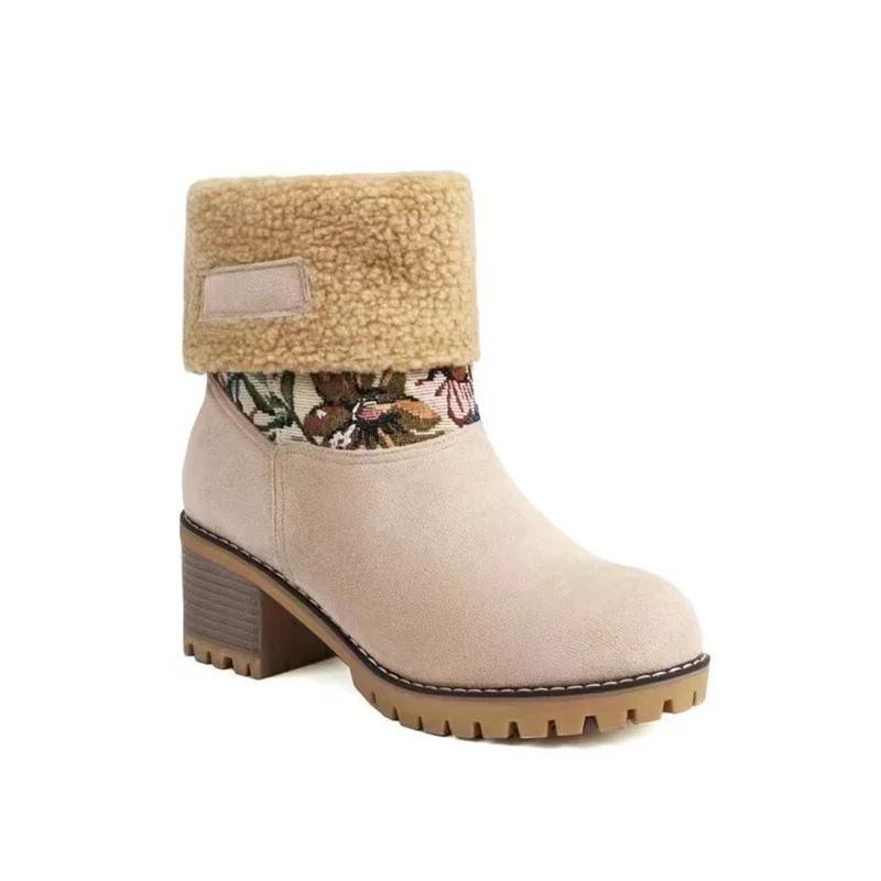 BGJBWinter Print Flower Women Boots Chelsea Fur Ankle Warm Boots Luxury Brand High Heels Boots Goth