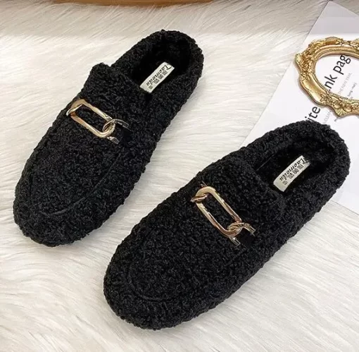 DRr1Winter Warm Plush Mules Women One Band Fur Slippers Cozy Cotton Shoes Woman Flats Cover Toe