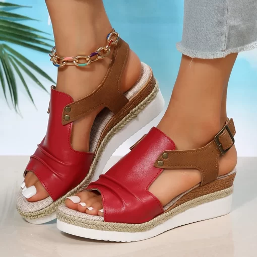 DmlfPleated PU Leather Wedge Sandals for Women Back Strap Espadrilles Platform Sandles Woman 2023 Summer Thick