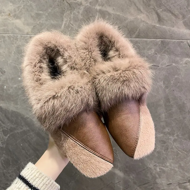 EtgjWomen Winter Rabbit Fur Square Toe Shoes Ladies Fluffy Plush Flats Moccasins Retro Warm Loafers Women