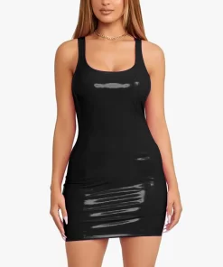 Fg30Women Solid Pu Outfits Dress U Neck Sleeveless Leather Mini Bag Hip Night Club Outfits Dress