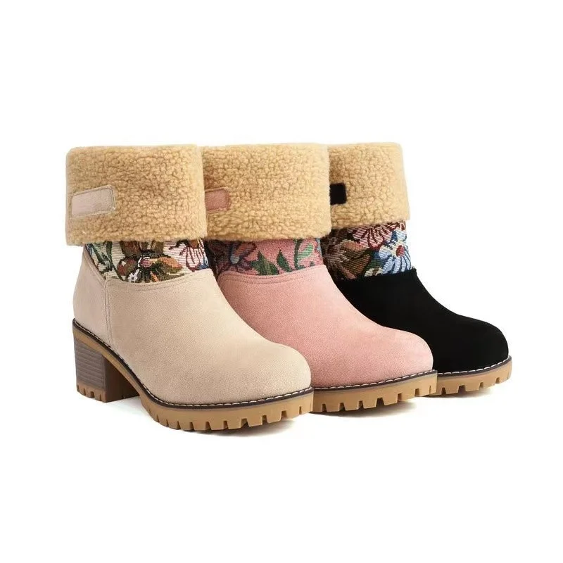 IKEdWinter Print Flower Women Boots Chelsea Fur Ankle Warm Boots Luxury Brand High Heels Boots Goth