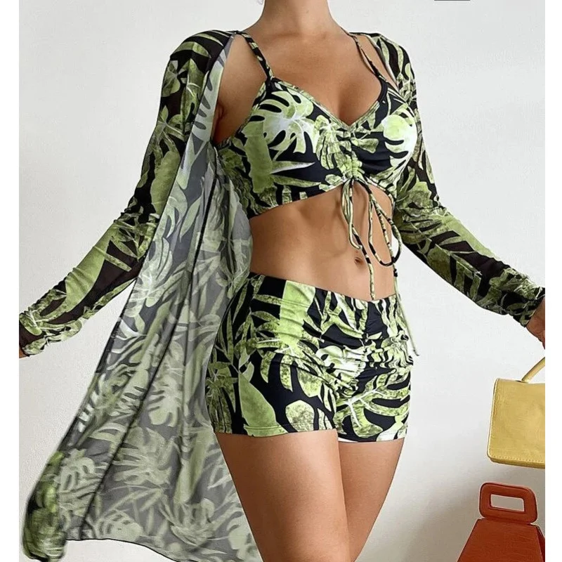 MCsMSummer Print Swimsuits Tankini Sets Female Swimwear Push Up For Beach Wear Three Piece Bathing Suits