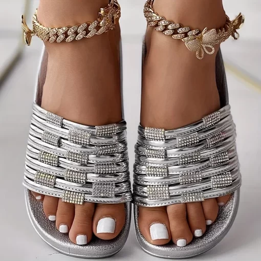 MshJSlippers Women s Rhinestone Flat Sandals Crystal Slippers Women Summer Flat Bottom Slide Slipper Shoes Bling