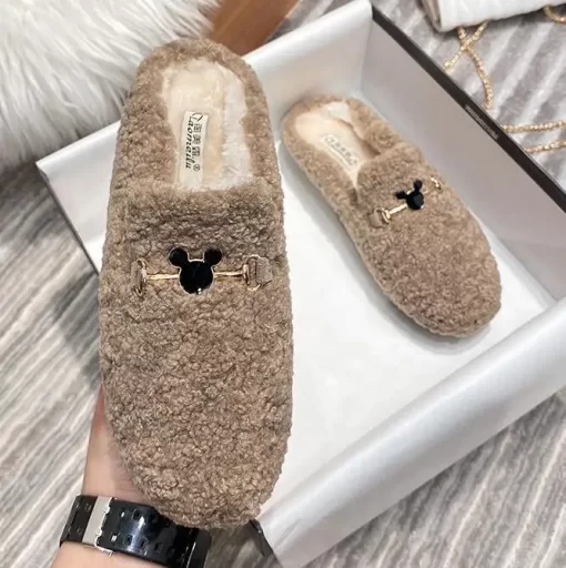 N2LOWinter Warm Plush Mules Women One Band Fur Slippers Cozy Cotton Shoes Woman Flats Cover Toe