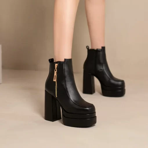NZWd2022 Fashion Women Boots Double Platform Chunky High Heel Ankle Boots Square Toe Zipper Punk Boots